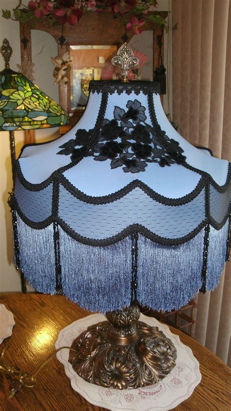 Vintage Lampshade Remade In Blue With Vintage Black Velvet Accent