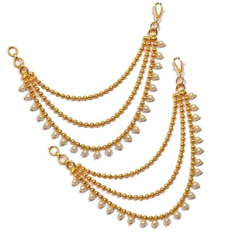 Traditional Rajwadi Ear Chain For Womens Antique Look Pearl Gold Ear