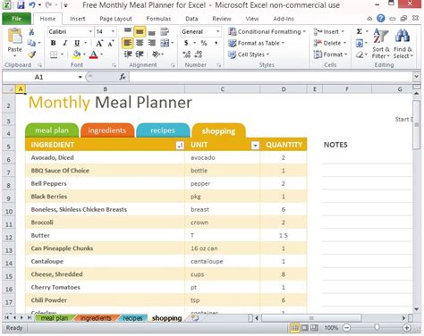 Free Monthly Meal Planner For Excel