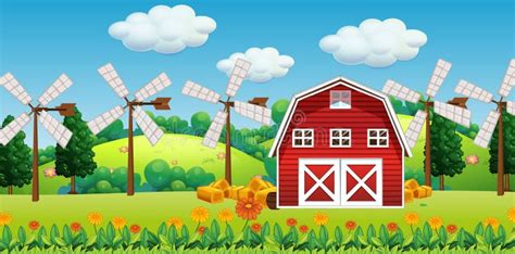 Farm Scene In Nature With Barn And Windmill Stock Vector Illustration