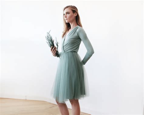 Sage Green Midi Tulle Dress With Long Sleeves Blogdresses