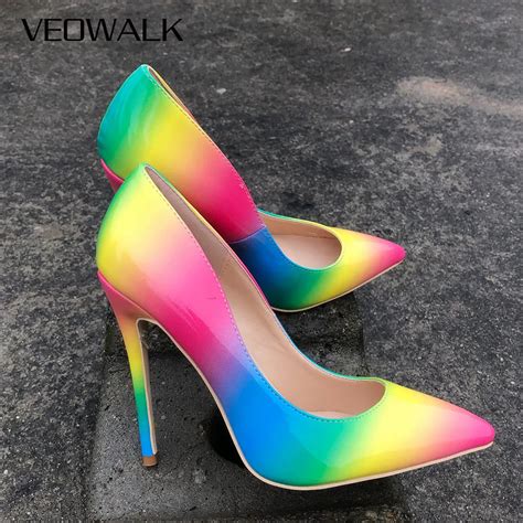 Veowalk Rainbow Colorful Patent Leather Women Sexy Stiletto Extemely High Heels Ladies Fashion