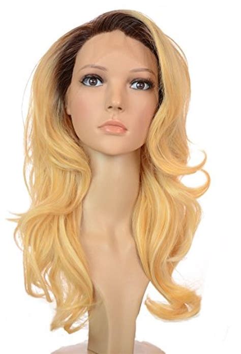 Blonde Long Wavy Lace Front Wig Dark Root Effect Human Hair Blend