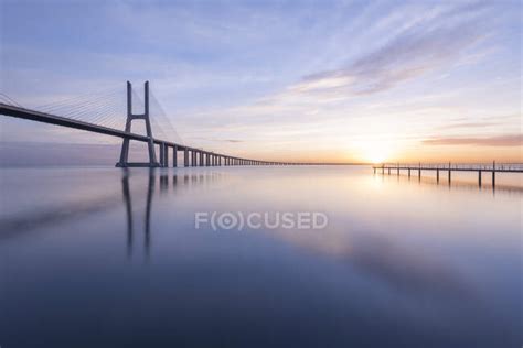 Portugal Lisbon Vasco Da Gama Bridge At Moody Sunrise — Connection