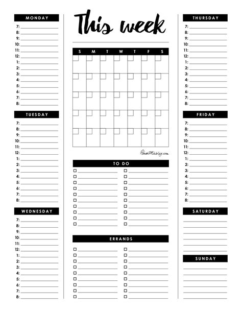 Weekly Planner Month Calendar Hourly Itenerary To Do List And