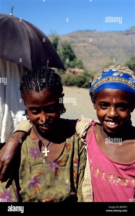 Cute Ethiopian Girls Smile To The Camera In Lalibelaethiopia Stock