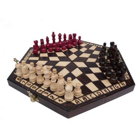 Wooden Small Chess Set For Three Players With Board