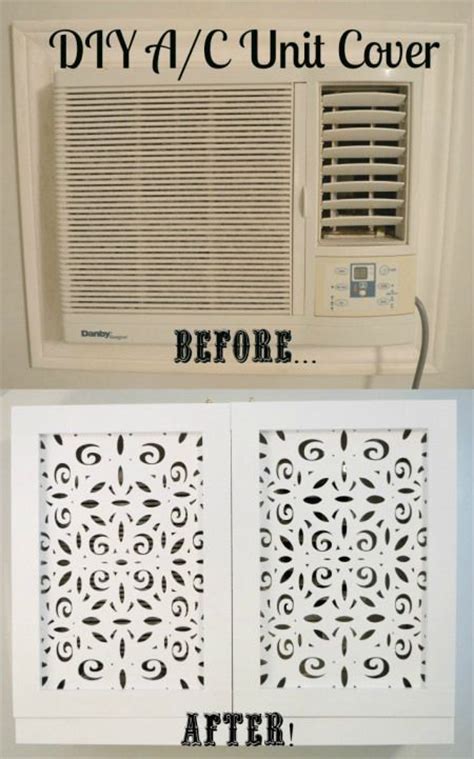 This cover gets pizzazz from a bit of decorative paper, which makes the ac unit blend seamless into this blogger's gallery wall. DIY air conditioner unit cover before after ...