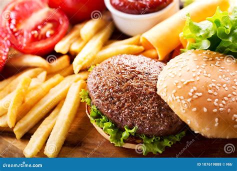 Hamburger With French Fries Stock Photo Image Of Meat Cooking 107619888