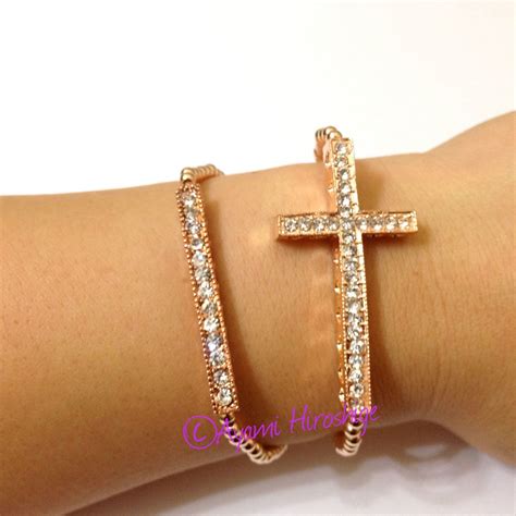 Sparkly Sideways Rose Gold Cross Bracelet With Rose Gold Filled Beads