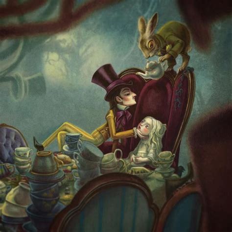 A Painting Of Alice And The Mad Hatter Sitting At A Table With Teapots