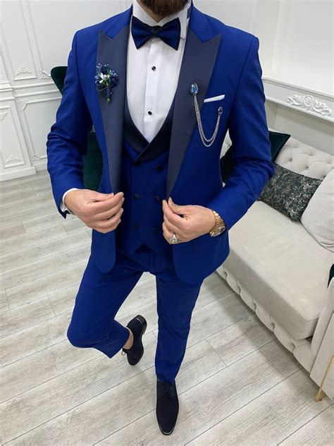 blue suits men 3 piece slim fit one button wedding groom party etsy