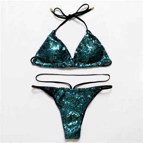 2018 Bling Bling Shiny Glitter Swimming Suit Sexy Halter Sequins Bikini Low Waist Bather Deep V
