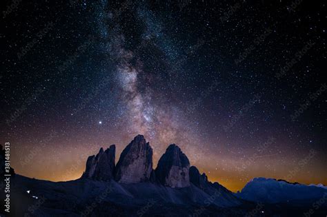 Milky Way Night Sky Above The Famous Mountain Range Tre Cime In The