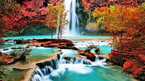 Beautiful Nature Wallpaper With Waterfall In Autumn Forest