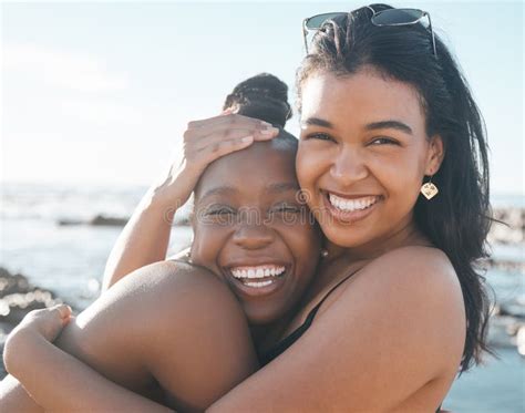 women portrait or friends hug by beach sea or ocean in summer holiday bonding support