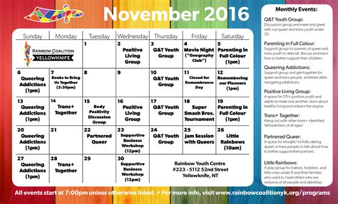 November Schedule Of Events Rainbow Coalition Of Yellowknife