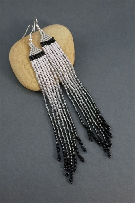 Silver Black Dangle Earrings Very Long Tassel Beaded Etsy Beaded