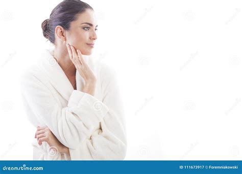 Beautiful And Natural Woman In White Bathrobe Is Touching Her Skin Stock Image Image Of