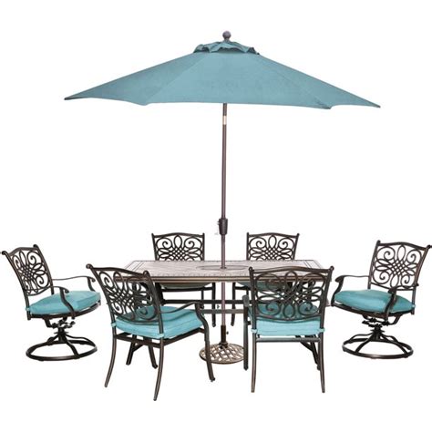 The umbrella pole is standard sized & fits most umbrella stands as well as most dining & bistro sets that are designed to accommodate umbrellas. Hanover Monaco 7-Piece Patio Dining Set in Blue with 4 ...
