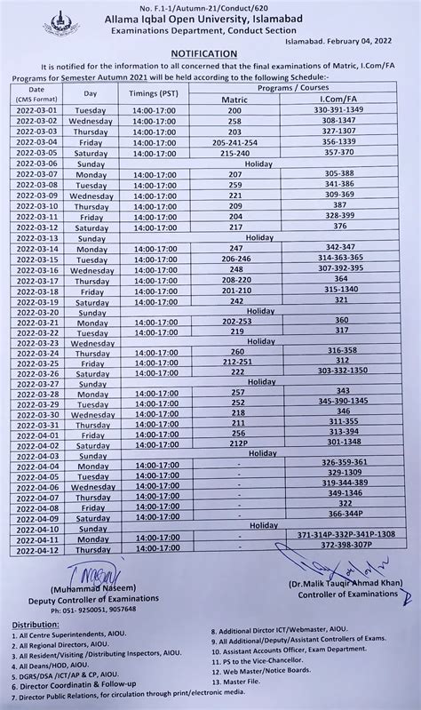 Aiou Exam Matric Fa Ba Date Sheet 2023 Autumn Spring Semester