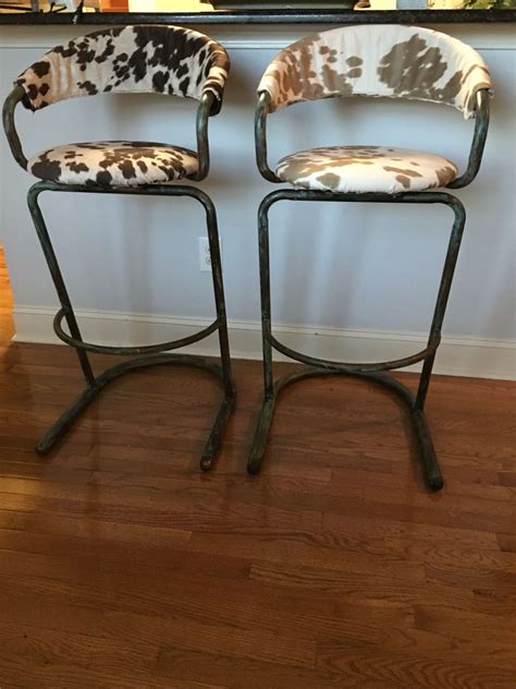 Cowhide Bar Stools With Calcified Copper Metal Punky Jo Chic