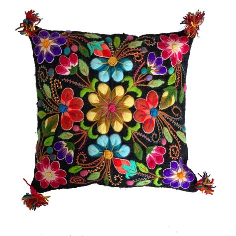 Hand Embroidered Cushion Cover Black Color Peruvian Wool Floral