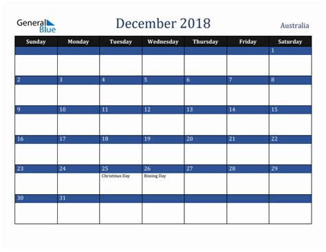 December 2018 Calendar With Australia Holidays