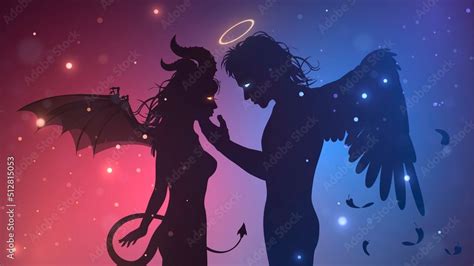Silhouette Of Couple Devil Woman And Angel Man Concept Of Love Of
