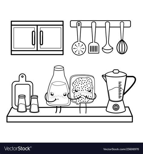 Kitchen Cute Cartoons Utensils Black And White Vector Image