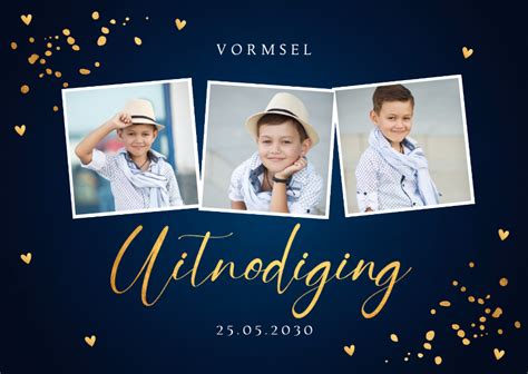 Uitnodiging Vormsel Fotocollage Blauw Goudlook Kaartje2go