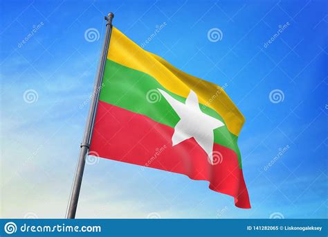 Myanmar Flag Waving On The Blue Sky 3D Illustration Stock Illustration ...