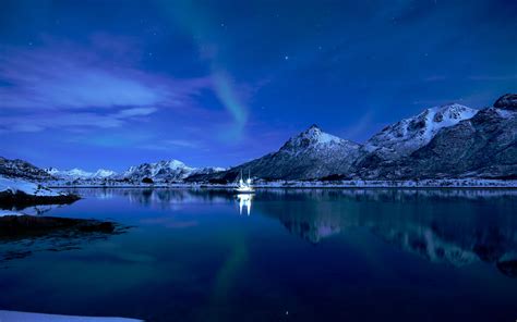 Download Wallpaper 3840x2400 Mountains Lake Boat Ice Sunset Starry