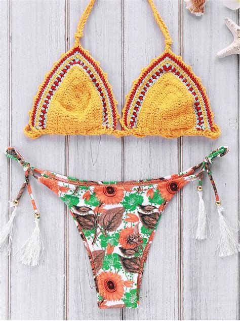 [23 off] 2021 printed crocheted bikini set in yellow zaful