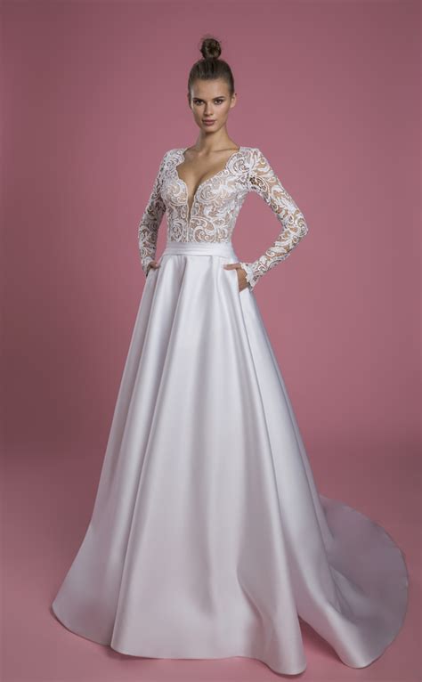 Long Sleeve V Neck A Line Wedding Dress With Lace Bodice And Satin