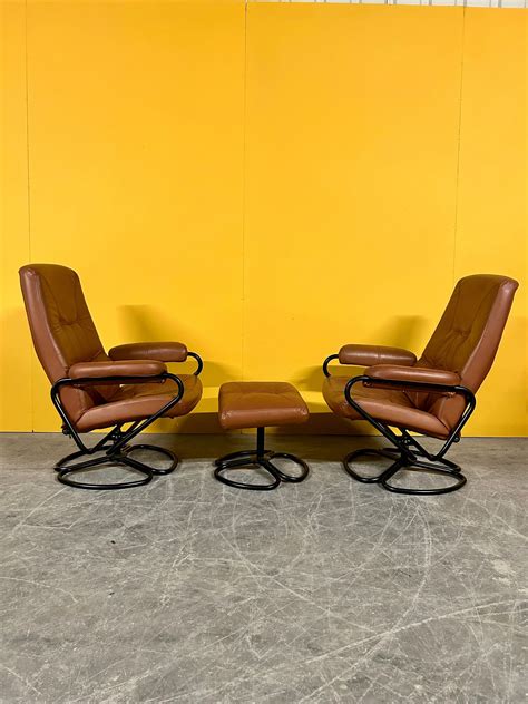 Pair Of Danish Vintage Swivel Chairs With Footstool 1970s Chair And