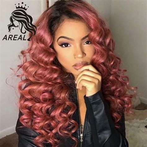 150 Density Ombre Two Tone Pink Human Hair Wig Dark Root Wavy Curly