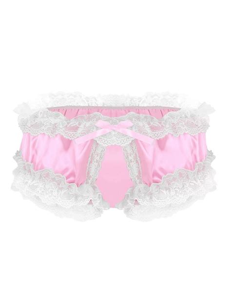 Mens Sissy Satin Briefs Lace Crotchless Panties