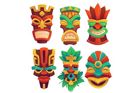 Tiki Masks Tribal Wooden Totems Polynesian Style Graphic By Myteamart