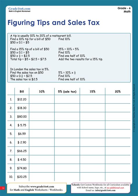 Tax Tip And Discount Word Problems Worksheet Grade1to6