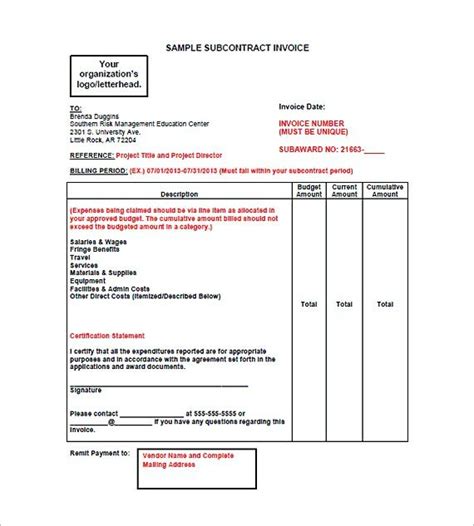 Subcontractor Invoice Templates Construction Invoice Templates