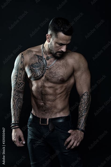 Beautiful Male Torso Men Tattoo Casual Fashion Muscular Bodybuilder Posing Sexy Portrait Of