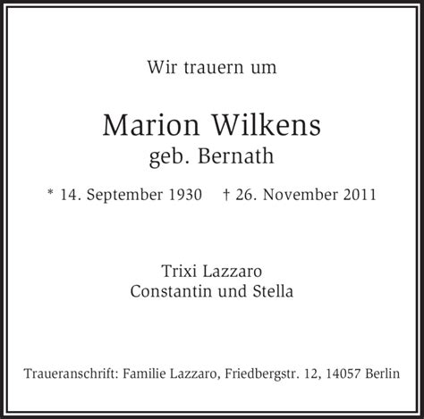 Traueranzeigen Von Marion Wilkens Trauer Kreiszeitung De