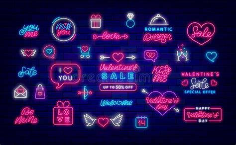 Valentines Day Neon Signboard And Icon Set Romantic Holiday Design Love Lettering Isolated