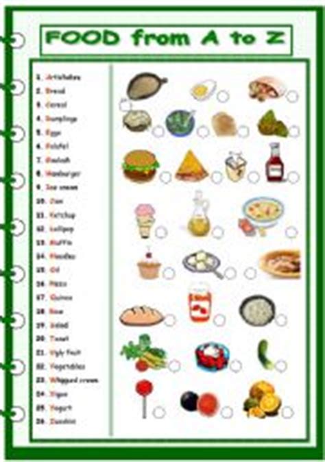 Find out which vitamins and supplements you should take and what each vitamin does for your body. food a-z - ESL worksheet by jwld