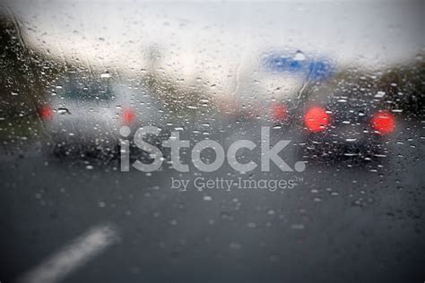 Rainy Highway Looking Through The Windshield Traffic Stock Photo