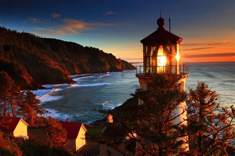 Hd Oregon Coast Sea Lighthouse Sunset Landscape Ocean Sunrise Autumn