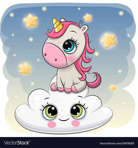 Cute Cartoon Unicorn Is Sitting A On The Cloud Download A Free Preview