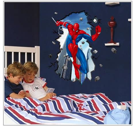 3d Spiderman Through Wall Stickers For Kids Rooms Mural Poster Boys