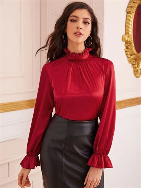 shein frilled neck flounce sleeve satin top beautiful blouses fashion tops blouse satin top